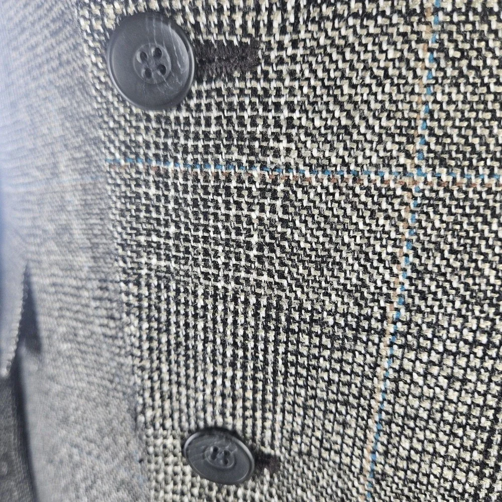 Vtg 90s Haggar Black White Blue Plaid Wool Tweed Sports Coat Blazer Med ~40R USA